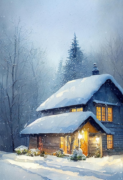 Rustic country house snowy winter