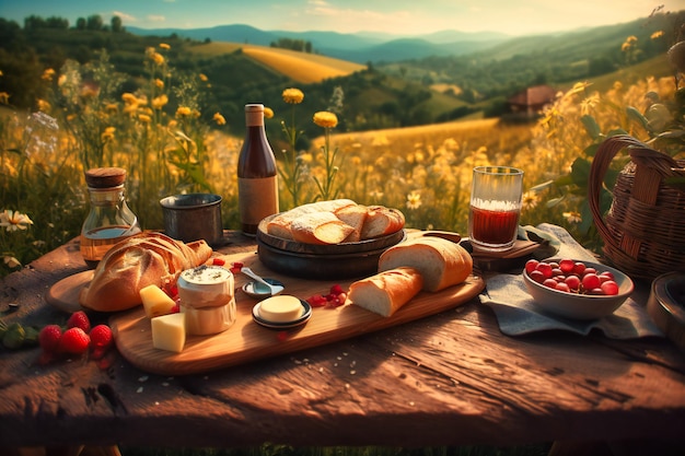 A rustic countryside picnic with fresh bread cheese and wine set against a backdrop of rolling hills and wildflowers