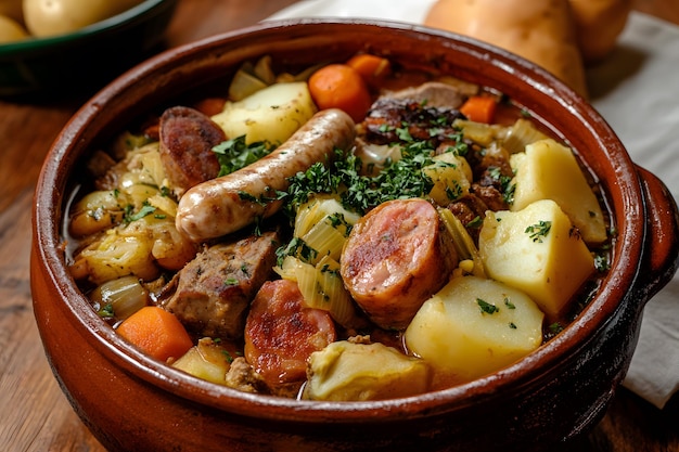 Photo rustic cozido a portuguesa traditional portuguese stew with meats and vegetables in a rich flavorful broth