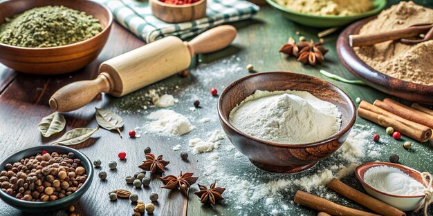 Photo rustic culinary ingredients on a wooden table spice and flour arrangement