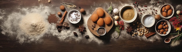 Rustic culinary symphony on wood a tableau of baking ingredients and spices ready for the alchemy