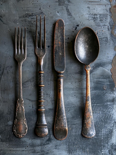 Photo rustic cutlery on a weathered surface