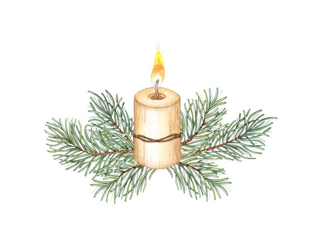 Photo rustic cylindrical burning candle tied in fir branches watercolor illustration isolated from the background the candle has a warm natural tone suitable for christmas and new year