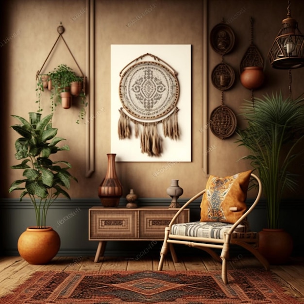 Rustic Decor Backdrop in a Nomadic Bohr Interior with Frames Generative AI