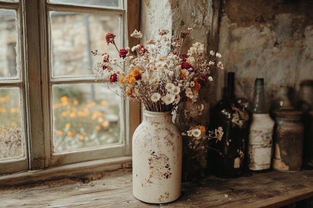 Photo rustic decor with dried flowers in vintage vase on weathered wooden table