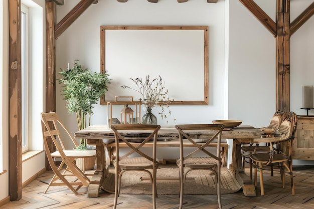 Photo a rustic dining room with a large wooden table and chairs