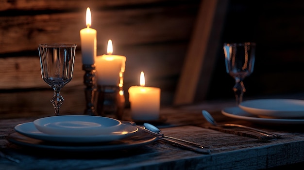 Photo rustic dinner table setting with lit candles and wooden background image opt