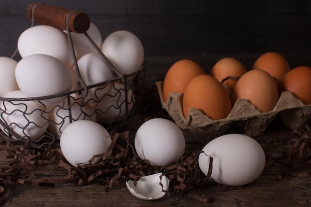 Rustic Easter eggs in a basket The concept of the Easter holiday