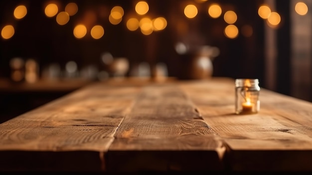 Rustic Elegance Product Showcase on Wooden Tabletop with Bokeh Lights Generative ai