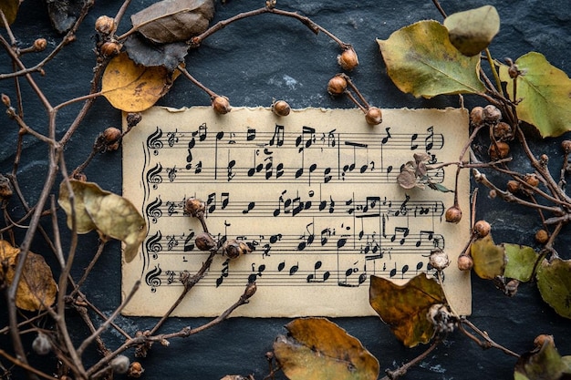 Photo rustic elegance vintage composition of dried plants and old sheet music