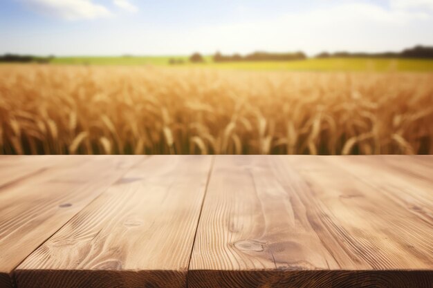 Rustic Empty Tabletop Against Defocused Field Of Wheat Generative AI