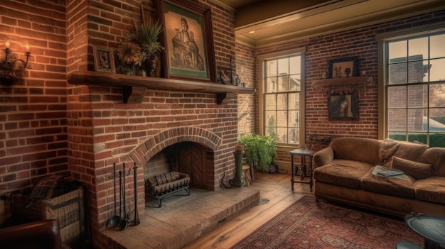 Rustic exposed brick fireplace surround AI generated