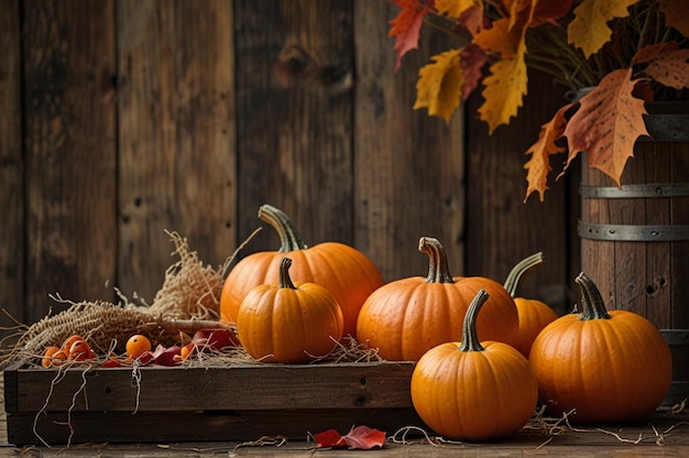 Rustic Fall Scene with Pumpkins and Decor on Background