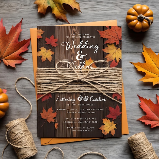 Photo rustic fall wedding invitation design featuring autumn leaves wooden background and twine wrap