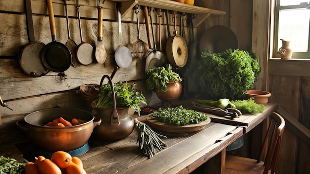 Photo rustic farm kitchen where fresh vegetables and herbs are being prepared for a hearty farmtotable meal showcasing the farms bounty