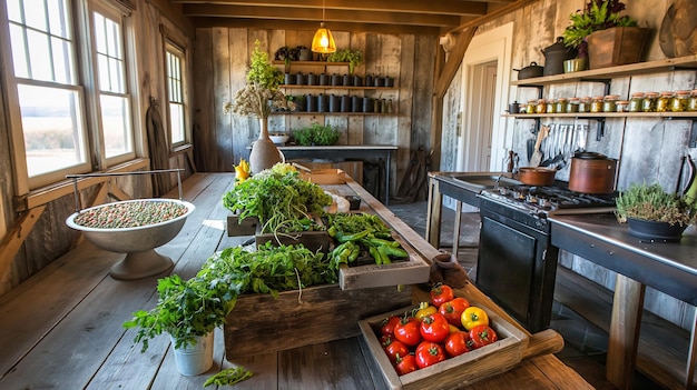 Photo rustic farm kitchen where fresh vegetables and herbs are being prepared for a hearty farmtotable meal showcasing the farms bounty