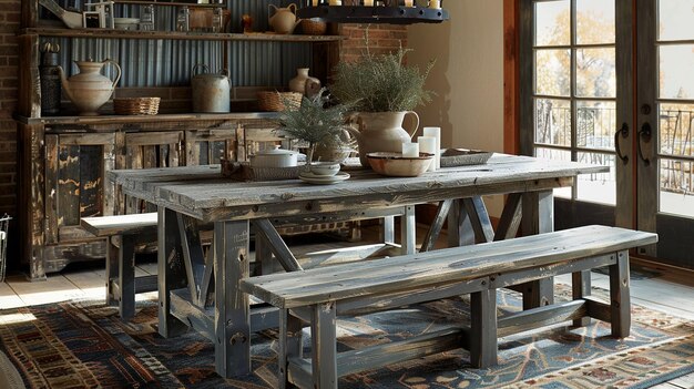 Rustic Farmhouse Dining Table with Bench Seating Wooden Table and Bench Set