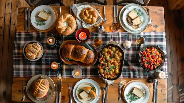 Rustic farmhouse dining table with a wooden top plaid tablecloth and a spread of hearty dishes and homebaked bread