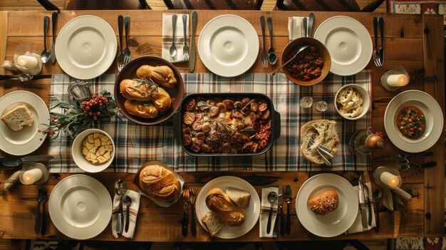 Rustic farmhouse dining table with a wooden top plaid tablecloth and a spread of hearty dishes and homebaked bread