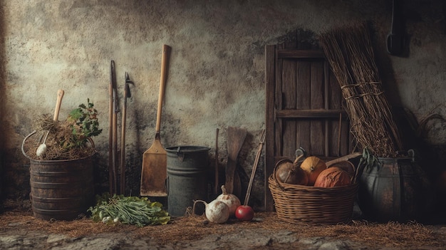 Photo rustic farmhouse interior with tools vegetables and a basket of pumpkins