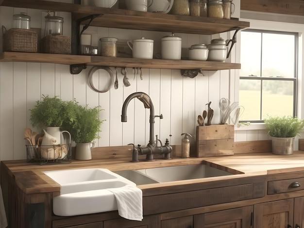 Rustic Farmhouse Kitchen With Reclaimed Generative AI