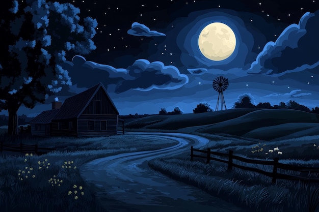 A rustic farmhouse sits on a hill overlooking a winding road under a full moon and starry sky