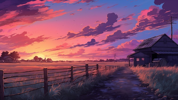 Rustic farmhouse under striking sunset sky ai generated 2D cartoon illustration