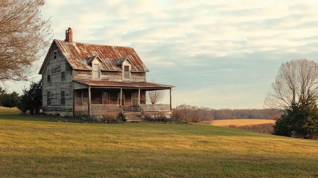 Photo rustic farmhouse with weathered wood siding a wraparound porch and a sprawling landscape no people text space ar 169 v 61 job id 421af42dba414c4c8a0e358a8631f53f