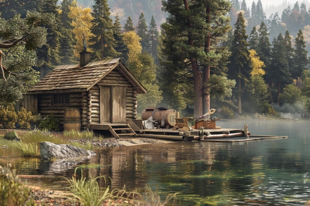 Photo rustic fishing cabin by tranquil lake with dock and fishing gear amidst forest scenery