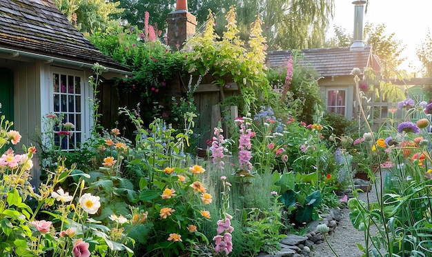 Rustic Flower Garden with Weathered Picket Fence