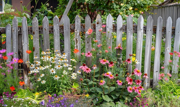 Rustic Flower Garden with Weathered Picket Fence