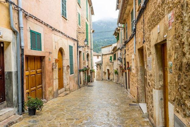 rustic, flowerpots street in the tourist island of Mallorca, Valdemosa city in Spain