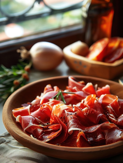 Photo rustic food photography of jamon iberico slices on a wooden plate traditional spanish cuisine