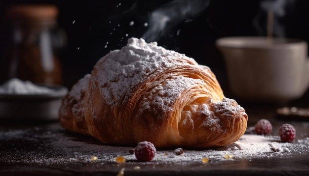 A rustic French pastry plate with sweet buns and croissants generated by AI