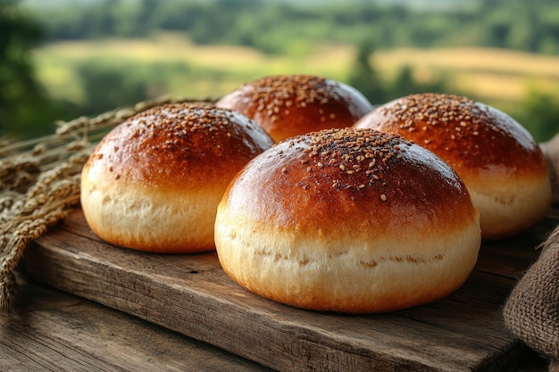 Photo rustic fresh baked buns on wooden table surrounded by lush green fields perfect for product displa