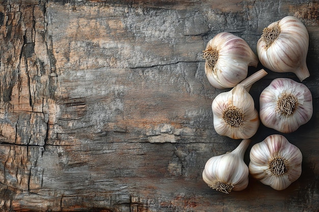 Rustic Garlic Cloves and Bulbs on Aged Wooden Texture Organic FarmtoTable Produce and Culinary