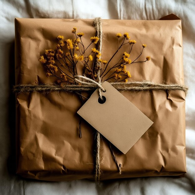 Photo rustic gift wrapped in brown paper with twine and dried flowers