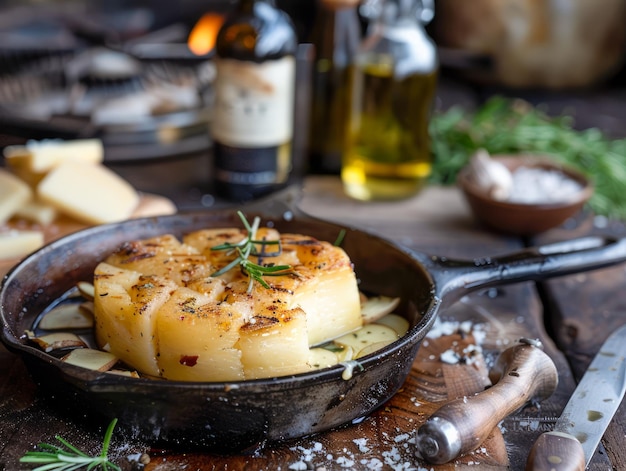 Rustic Gourmet Baked Cheese with Rosemary in Cast Iron Skillet on Wooden Table with Olive Oil and