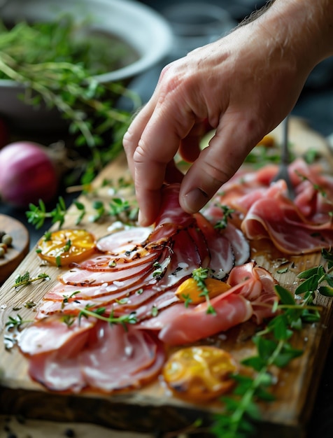 Photo rustic gourmet jamon iberico dish being styled by chef on wooden table