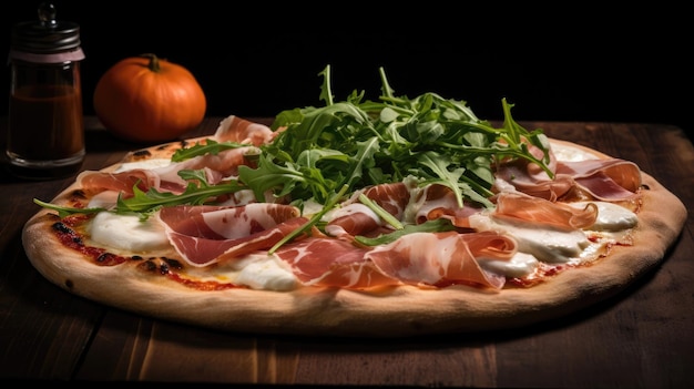 Rustic gourmet pizza topped with prosciutto arugula and fresh burrata Generative AI