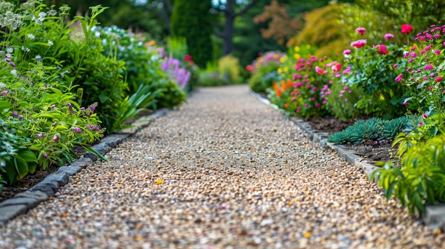 Rustic Green Garden with Charming Gravel Walkways and Colorful Flowers