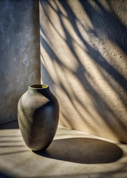 Photo rustic grey vase with intricate design and sunlight streaming in perfect for home decor or