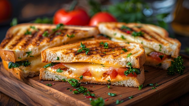 A rustic grilled cheese sandwich with herbs on a wooden tray Concept Food Photography Rustic Presentation Grilled Cheese Herbs Wooden Tray