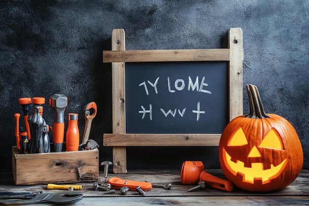 Photo rustic halloween workshop filled with carved jackolanterns and spooky decor for a festive autumn