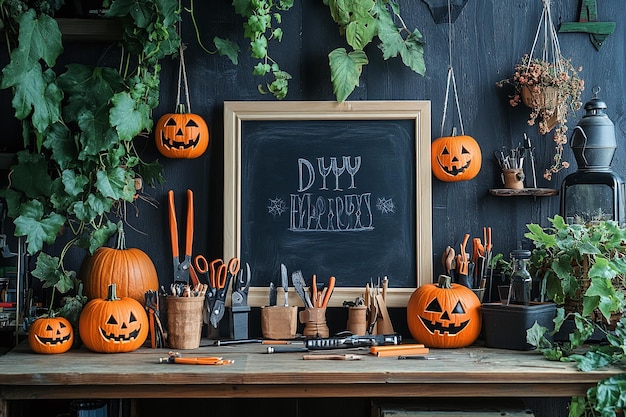 Photo rustic halloween workshop filled with carved jackolanterns and spooky decor for a festive autumn