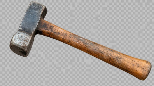 Rustic hammer with a wooden handle on a transparent background showcasing its weathered texture and craftsmanship