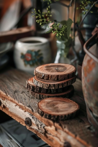 Photo rustic handmade wooden coasters with natural bark edges perfect for vintage table settings or rustic