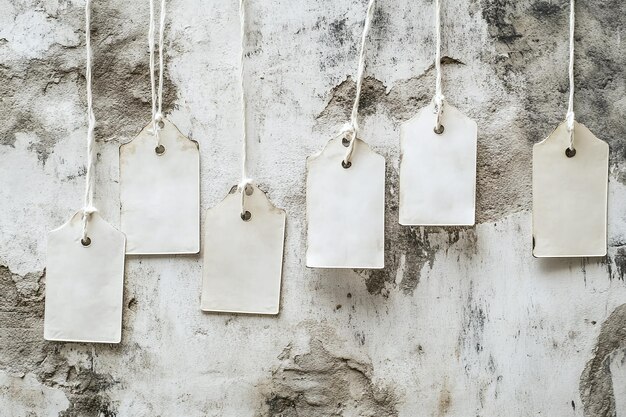 Photo rustic hanging paper tags mockup on neutral background with jute twine