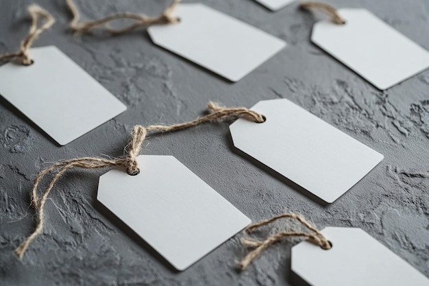 Photo rustic hanging paper tags mockup on neutral background with jute twine