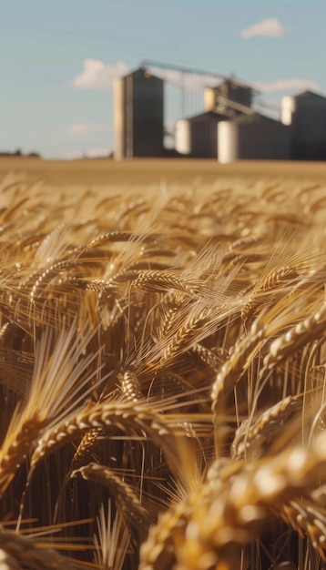 Rustic harvest scene golden wheat field video with swaying crops and grain silos